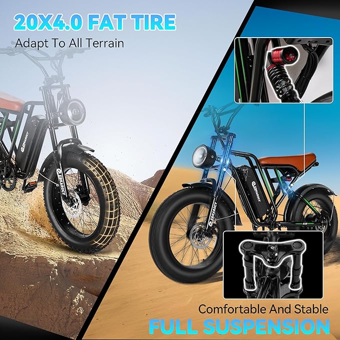 750W Electric Bike for Adults, 20" Fat Tire Electric Dirt Bike with 48V 13AH Removable Battery, Max 25 MPH & 35+Miles, LCD Display, Full Suspension Ebike for Snow/Beach/Mountains/Road-StrideForce Fitness