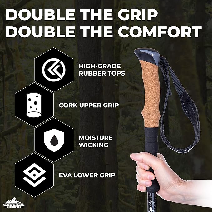 Cascade Mountain Tech Lightweight Aircraft-Grade Aluminum Trekking Poles with Extended Down Grip Plus Tip Kit-StrideForce Fitness