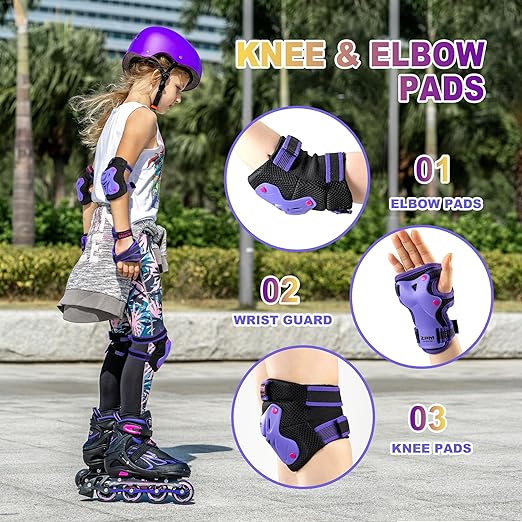 2PM SPORTS Knee Pads for Kids, Wrist Guards Knee and Elbow Pads Set with Drawstring Bag, Protective Gear Set for Girls Boys Roller Skating Cycling Skateboard - Purple Medium-StrideForce Fitness