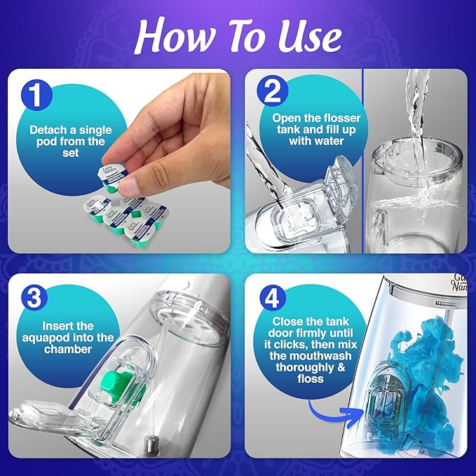 GuruNanda Advanced Dental Water Flosser 3.0 with UV Mode Water Flosser & 24 Aquapods with Mouthwash for Fresh Breath & Plaque Removal, Compact & TSA-Approved