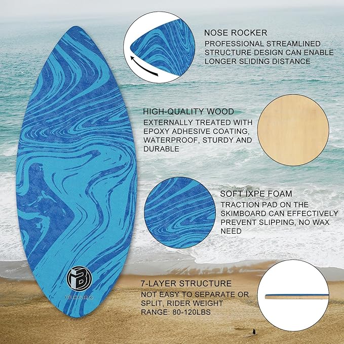 36” Skipper Skimboard with High Gloss Coat Wooden Skim Boards for Beginners, Teenagers and Adults Beach Skimboard 3 Color Traction Pad to Choose-StrideForce Fitness