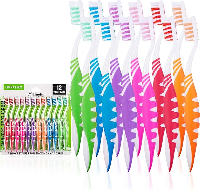 Lingito Extra Firm Toothbrush Set for Adults or Smokers Travel Toothbrush Kit, Hard Multicolor Denture Brush, Large Head, Manual Travel Toothbrush Hard Bristles (12 Pack)