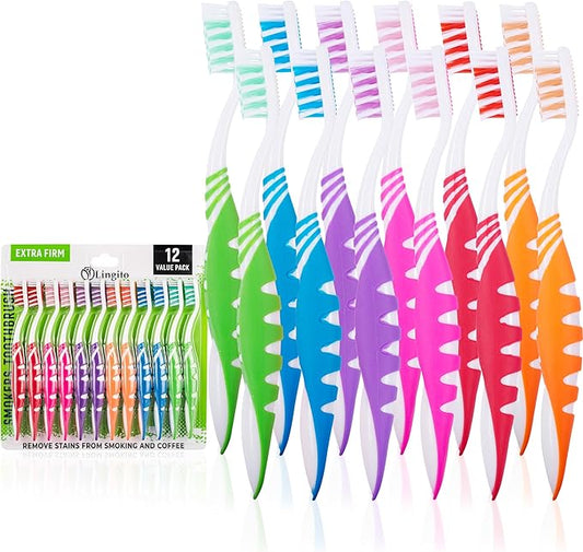 Lingito Extra Firm Toothbrush Set for Adults or Smokers Travel Toothbrush Kit, Hard Multicolor Denture Brush, Large Head, Manual Travel Toothbrush Hard Bristles (12 Pack)