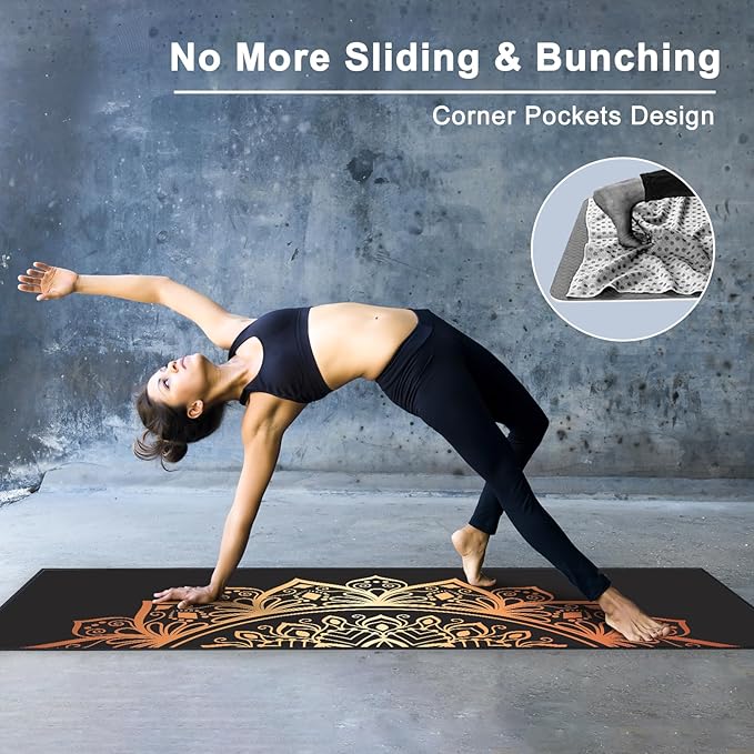 QiyI Yoga Mat Towel with Corner Pockets, Non Slip Sweat Absorbent Hot Yoga Towels, Soft Yoga Blankets with Travel Bag, Skidless Mat Cover for Workout, Gym, Fitness - 70"x26", Luxury Golden Mandala-StrideForce Fitness