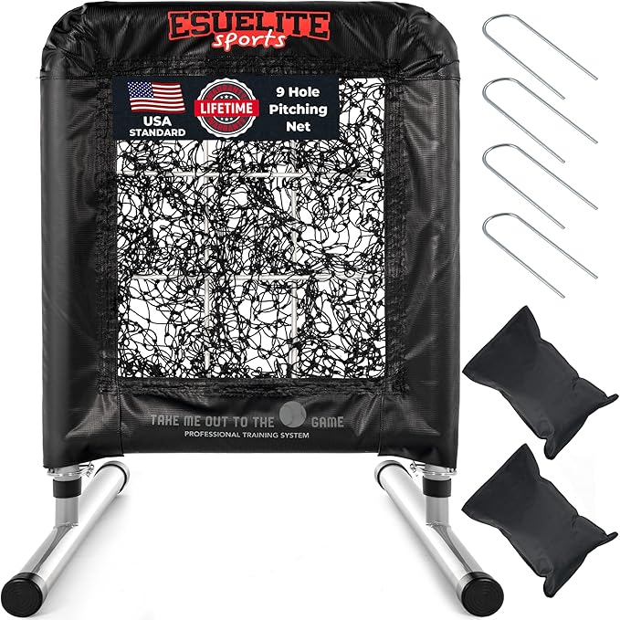 Heavy-Duty 9 Hole Pro Style Baseball & Softball Pitching Net with Strike Zone Target - Adjustable Portable Design for Training, Includes 4 Stakes & 2 Sandbags-StrideForce Fitness