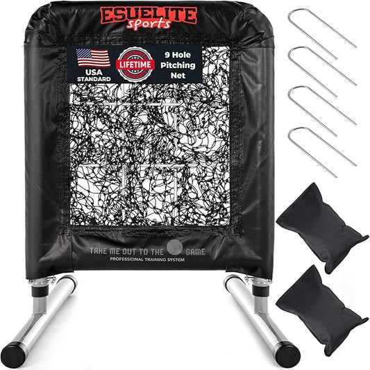 Heavy-Duty 9 Hole Pro Style Baseball & Softball Pitching Net with Strike Zone Target - Adjustable Portable Design for Training, Includes 4 Stakes & 2 Sandbags-StrideForce Fitness
