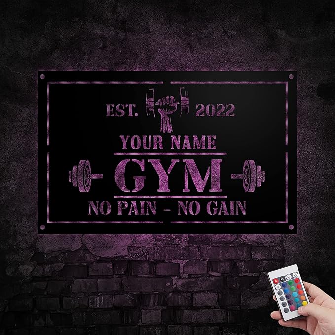 Personalized Home Gym LED Tin Metal Sign Multiple Sizes, Gym Sign Wall Decor, Exercise Workout Room Decor Fitness Center, Motivational Inspirational Hanging Wall Art Wall Plaque (01 w/lights)-StrideForce Fitness