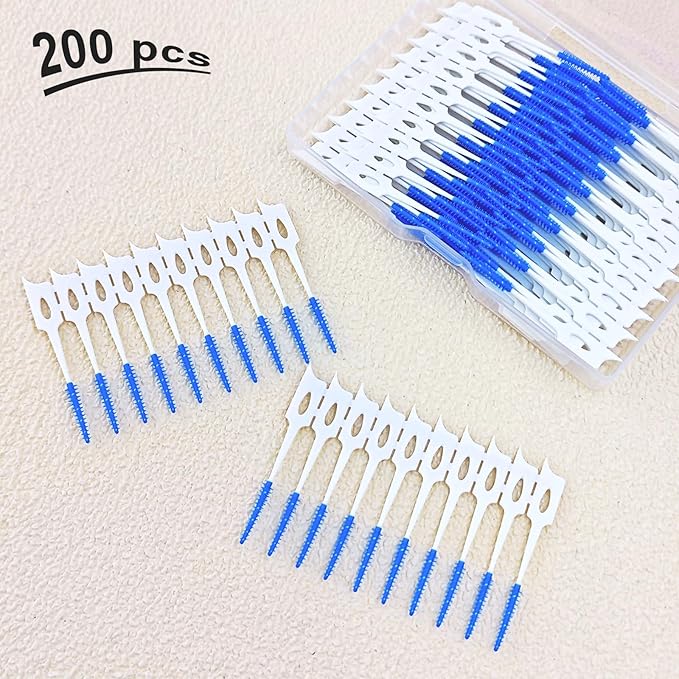 200 Pcs Portable Soft Silicone Interdental Floss Picks for Family Oral Care, Dual - Ended Toothpick & Flosser Cleaning Tool（Blue）