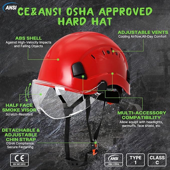 AOLAMEGS Hard Hats Construction OSHA Approved - ANSI Z89.1 Red Safety Hardhats, High Impact ABS Hardhat, Adjustable Vented Construction Worker Hat with Clear Visor, Cascos de Construccion-StrideForce Fitness