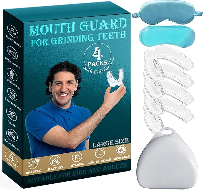 Night Guard for Adult Grinding Nighttime Teeth Protection Sleep Well Large Size, 4 Pack Moldable Night Guards for Clenching Teeth | Comfortable Mouth Guard Including Hygiene Case and Gel Ice Pack