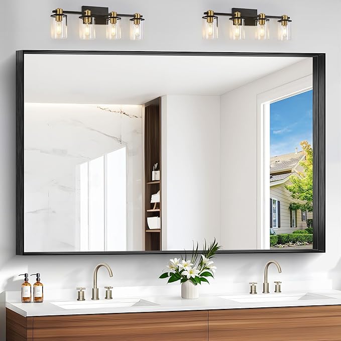 Black Bathroom Mirror, 60x40 Inch Rectangular Framed Mirror, Large Wall Mounted Bathroom Vanity Mirror Over Sink for Bedroom,Restroom, Living Room, Hangs Vertically or Horizontally-StrideForce Fitness