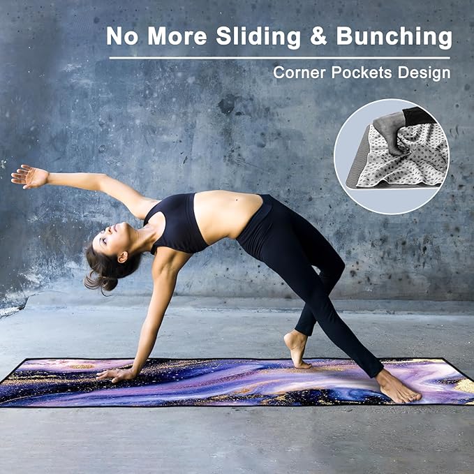 QiyI Yoga Mat Towel with Corner Pockets, Non Slip Sweat Absorbent Hot Yoga Towels, Soft Yoga Blankets with Travel Bag, Skidless Mat Cover for Workout, Gym, Fitness - 70"x26", Purple & Pink Grain-StrideForce Fitness