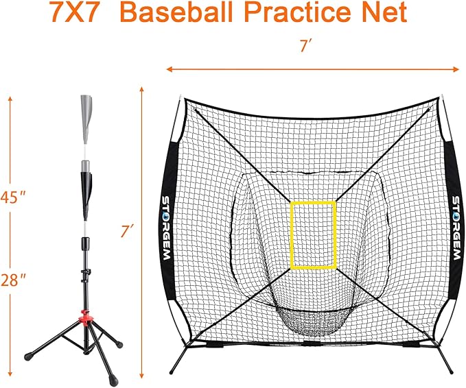 Storgem Baseball and Softball Practice Net 7×7ft Portable Hitting Pitching Batting Training Net Baseball Backstop Net with Batting Tee and Strike Zone and Bow Frame-StrideForce Fitness