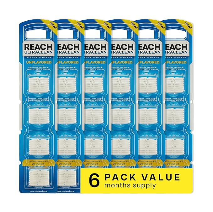 REACH Ultraclean Access Flosser Refill Heads, Unflavored, Plaque Remover for Teeth, Shred Resistant, for Hard to Reach Areas, Oral Care, PFAS Free, for Adults & Kids, 6 Pack, 28 Count
