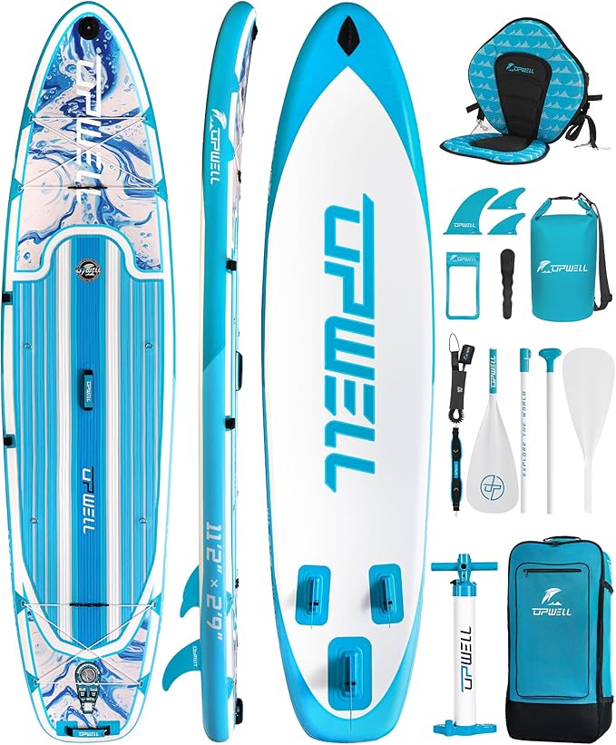 UPWELL 11’6”/11'2”/11'/10'8”/10'6”/10'2” Inflatable Stand Up Paddle Board with sup Accessories Including Backpack, Repairing Kits, Non-Slip Deck, Leash, 3 Fins, Paddle and Hand Pump-StrideForce Fitness