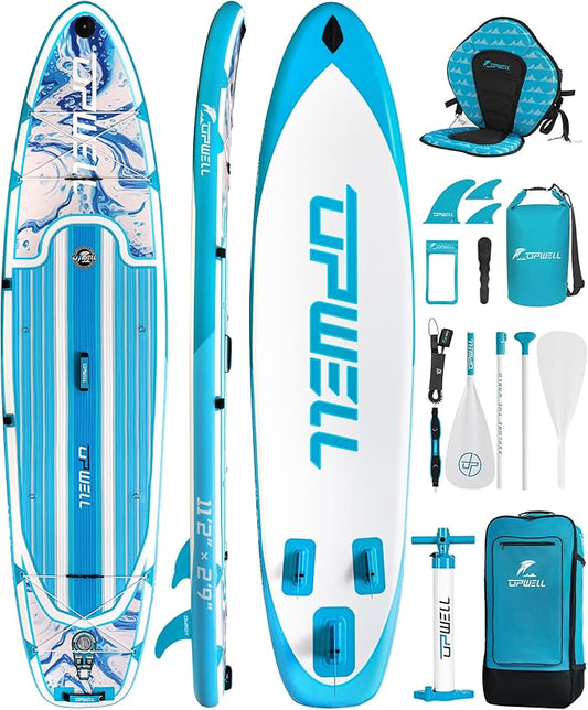 UPWELL 11’6”/11'2”/11'/10'8”/10'6”/10'2” Inflatable Stand Up Paddle Board with sup Accessories Including Backpack, Repairing Kits, Non-Slip Deck, Leash, 3 Fins, Paddle and Hand Pump-StrideForce Fitness