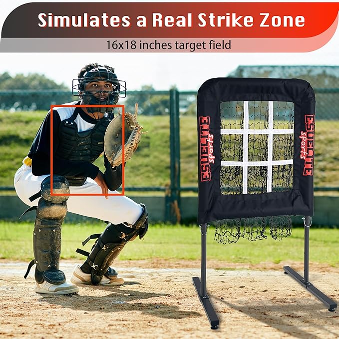 Heavy-Duty 9 Hole Pitching Net with Strike Zone, Baseball/Softball Pitching Target, Portable Height-Adjustable Pitcher Training Equipment, Includes 4 Ground Stakes and 2 Sandbags-StrideForce Fitness