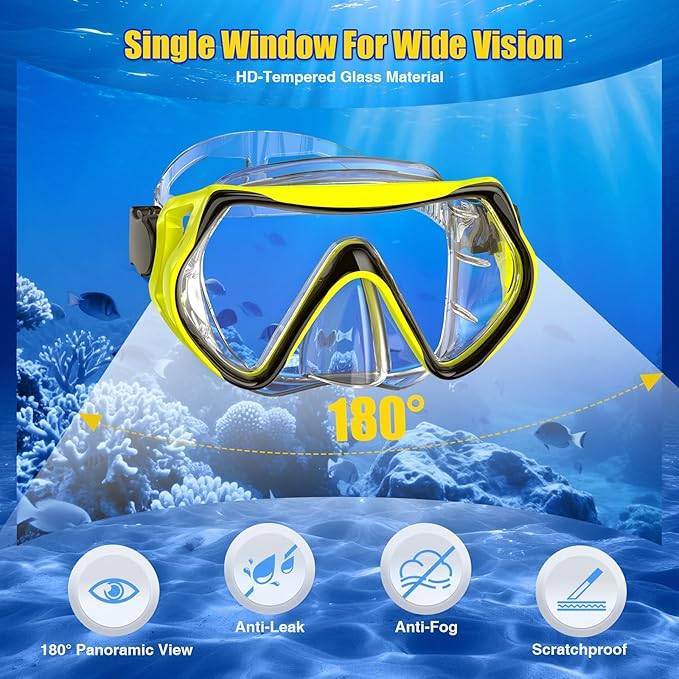 Snorkeling Gear, Dry Snorkel Set180° Panoramic Wide View,Anti-Fog Scuba Diving Mask, Professional Snorkeling Gear for Free Breathing, Swimming, Diving-StrideForce Fitness
