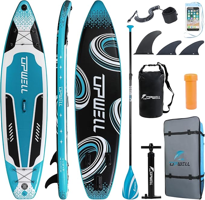 UPWELL 11’6”/11'2”/11'/10'8”/10'6”/10'2” Inflatable Stand Up Paddle Board with sup Accessories Including Backpack, Repairing Kits, Non-Slip Deck, Leash, 3 Fins, Paddle and Hand Pump-StrideForce Fitness