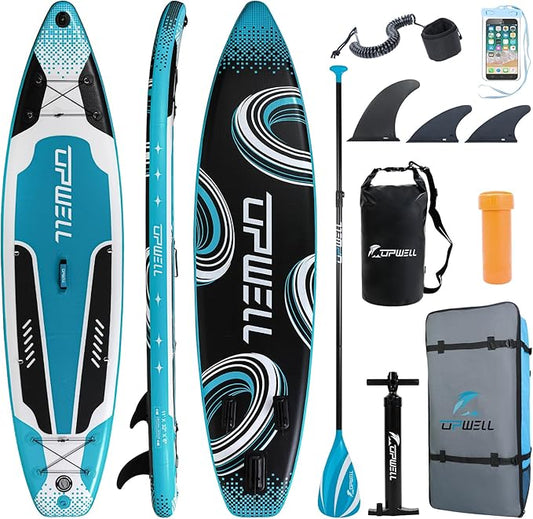 UPWELL 11’6”/11'2”/11'/10'8”/10'6”/10'2” Inflatable Stand Up Paddle Board with sup Accessories Including Backpack, Repairing Kits, Non-Slip Deck, Leash, 3 Fins, Paddle and Hand Pump-StrideForce Fitness