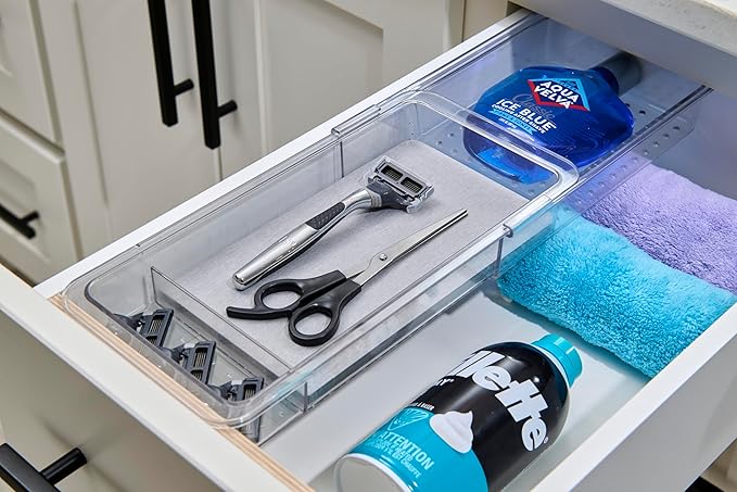 madesmart Expandable Dental Tray Drawer Organizer with Drying Stone, Clear Plastic Organizer for Toothbrush, Dental Floss, Water Flosser, Mouthwash