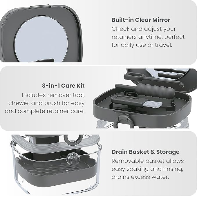 Denture Case Retainer Cleaning Case with Retainer Removal Tool and Brush, No-Leak Denture Bath Box Cup, Complete Clean Care for Clear Braces, Mouth Guard, Night Guard & Retainers (Grey)