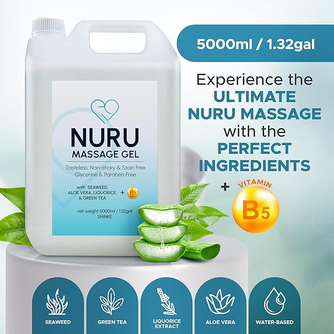 Nuru Massage Gel (1.32 gal) | Water-Based | Paraben & Glycerine Free | Formulated with Natural Seaweed, Green Tea, Liquorice Extract, Vitamin B5, & Organic Aloe Vera