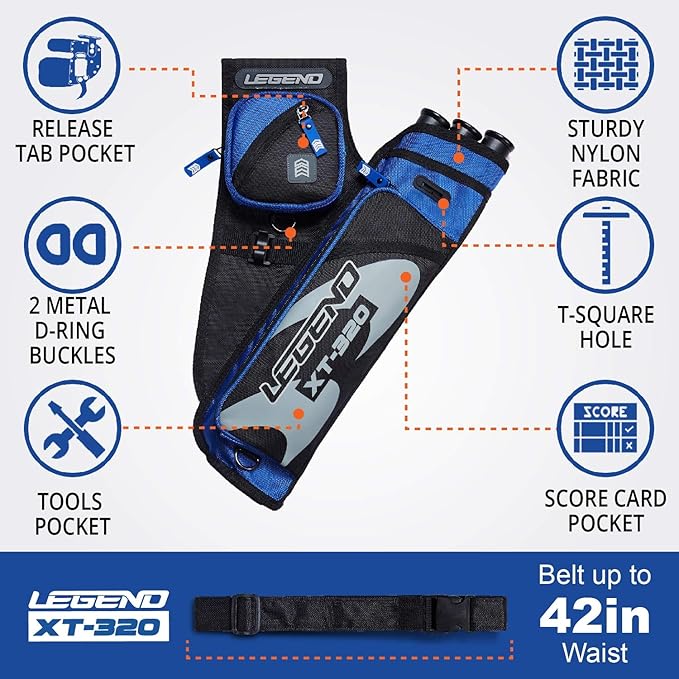 LEGEND XT320 Archery Quivers - Nylon Hip Quivers with 3 Arrow Tube Cases for Target Shooting - Adjustable Waist Belt, T-Slot, Storage Compartments for Accessories, Gear, Tools, Release Tab, Score Card-StrideForce Fitness