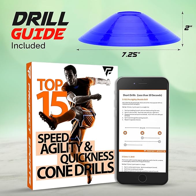 Pro Disc Cones (Set of 50) - Agility Soccer Cones with Carry Bag and Holder for Sports Training, Football, Basketball, Coaching, Practice Equipment, Kids - Includes 15 Best Cone Drills Book-StrideForce Fitness