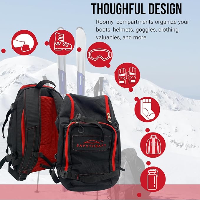 Savvycraft Ski Boot Bag Snowboard Boot Bag, 50L Ski Backpack for Ski and Snowboard Boots, Helmets, Gloves, and Accessories, Lightweight, Durable, Convenient, Red-StrideForce Fitness