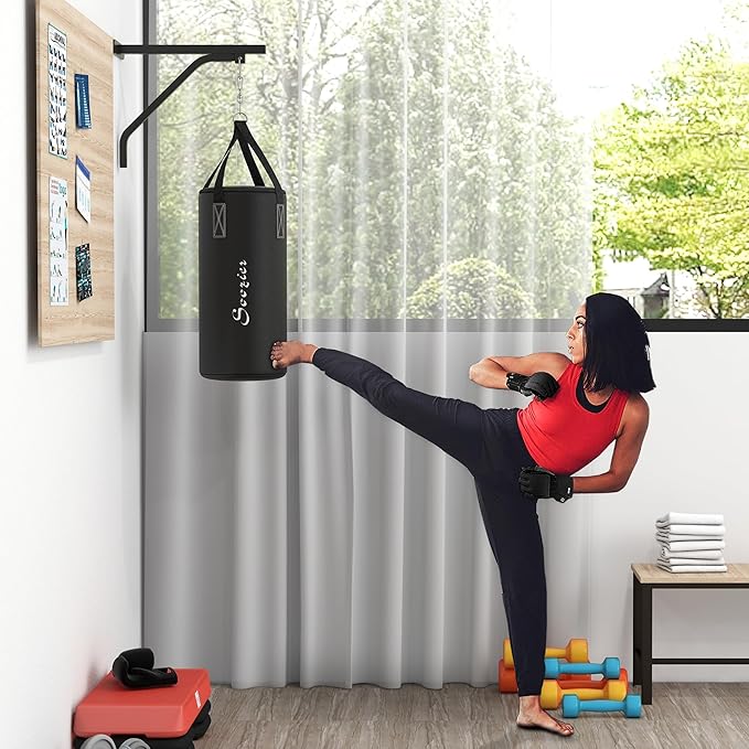 Soozier Unfilled Punching Bag for Adults, Heavy Bag Wall Mount Set with Bracket, Boxing Gloves, Hand Wraps and 360° Swivel Hook for Muay Thai and MMA Training-StrideForce Fitness