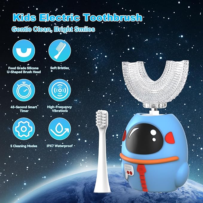 FTOYIN Kids Electric Toothbrush, U Shaped Toothbrush with 4 Brush Heads, Ultrasonic 360° Cleaning, 5 Modes, Smart 45s Timer, IPX7 Waterproof (Ages 2–12)