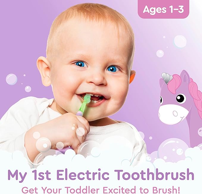Brusheez Little Toddlers’ Sonic Toothbrush - Safe & Gentle Toothbrush for Ages 1-3 with Built-in, Light-Up 2-Minute Timer, Extra Brush Head, & Storage Base for First-Time Brushers (Lucky The Unicorn)