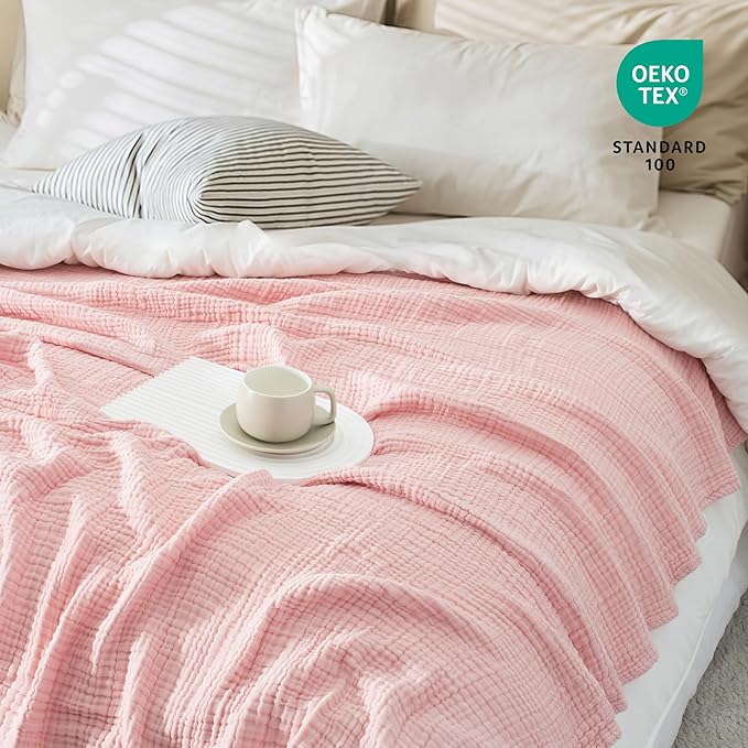 Carriediosa 100% Cotton Muslin Throw Blanket 66" X 90" Twin XL Size，4-Layers Summer Gauze Throws for Bed Couch，Soft Lightweight Breathable Linen Blankets Bedspread for Adults All Season，Dusty Pink-StrideForce Fitness