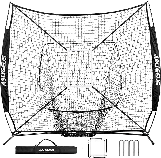 7'X7' Baseball Softball Practice Net,Pitching Net,Batting Net,with Baseball Tee,Bonus Strike Zone and Bow Frame,for Hitting,Pitching, Catching-StrideForce Fitness