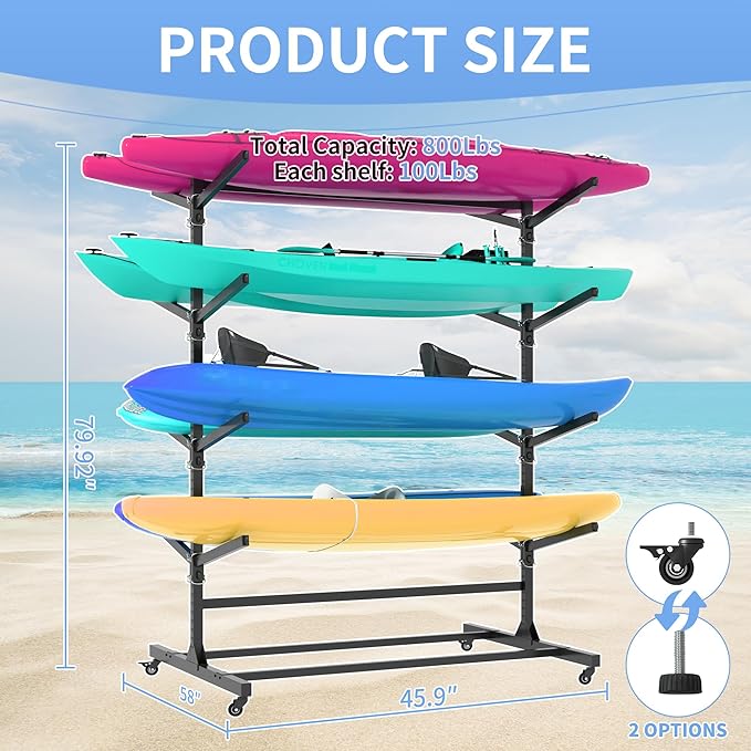 Kayak Storage Rack, Heavy Duty Kayak Stand Canoe Rack with Wheels, Freestanding Kayak Holder Stand for Kayaks, Canoes, Surfboard, Paddleboard Storage-StrideForce Fitness