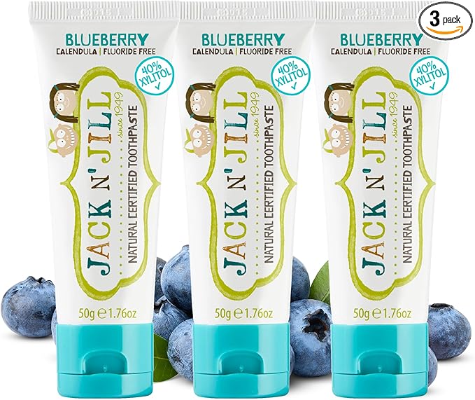 Jack N' Jill Natural Toddler Toothpaste - Fluoride Free Training Toothpaste for Toddlers 1-3, 40% Xylitol, BPA Free - Blueberry 1.76 oz (Pack of 3)