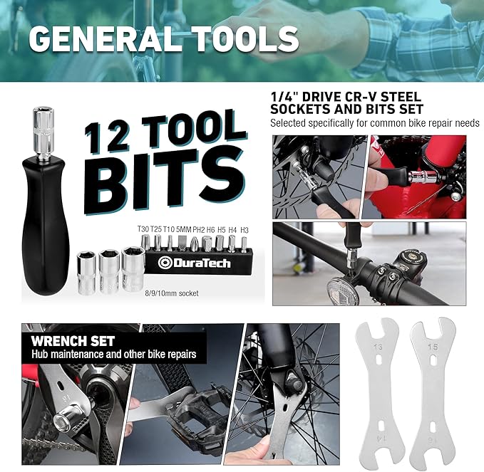 DURATECH 31 Pieces Bicycle Tool Kit, Complete Bike Repair Kit with Storage Box, Mountain Bike Repair Tools, for Mountain, Road, and Park Bicycle with Chain Riveter, Tire Levers, Crank Puller-StrideForce Fitness