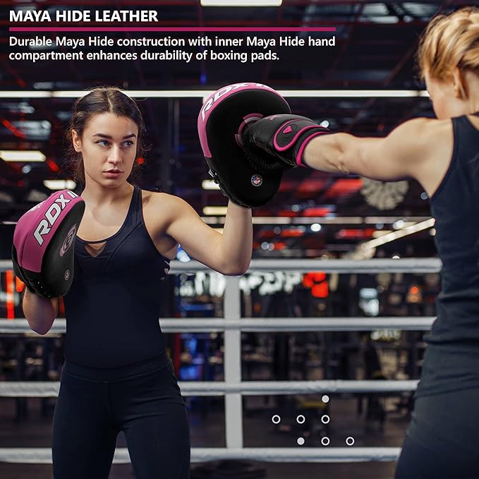 RDX Boxing Pads Focus Mitts, Maya Hide Leather Curved Hook and Jab Target Hand Pads, Great for MMA, Kickboxing, Martial Arts, Muay Thai, Karate Training, Padded Punching, Coaching Strike Shield-StrideForce Fitness