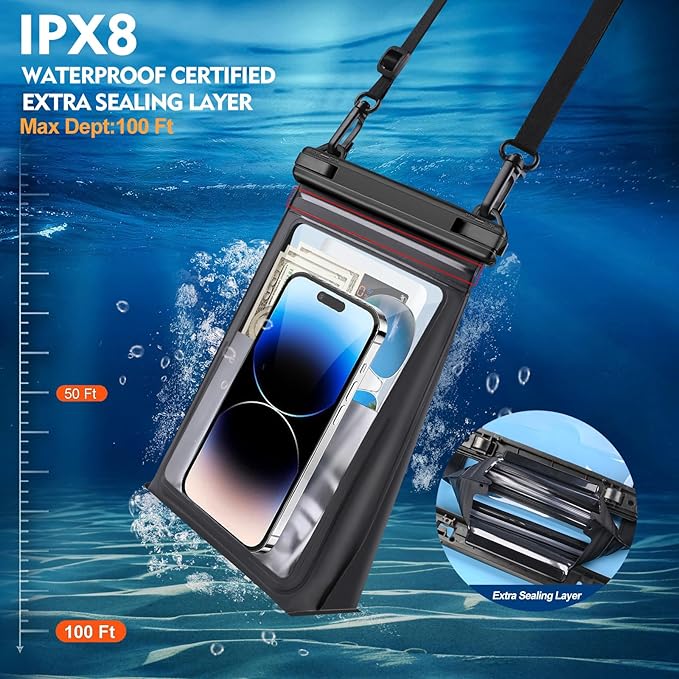 Large Floating Waterproof Phone Pouch [with Sealing Strip], Cell Phone Dry Bag for iPhone 16 15 14 13 12 Pro Max Galaxy Google All Devices, Float Waterproof Bag for Beach Vacation-StrideForce Fitness