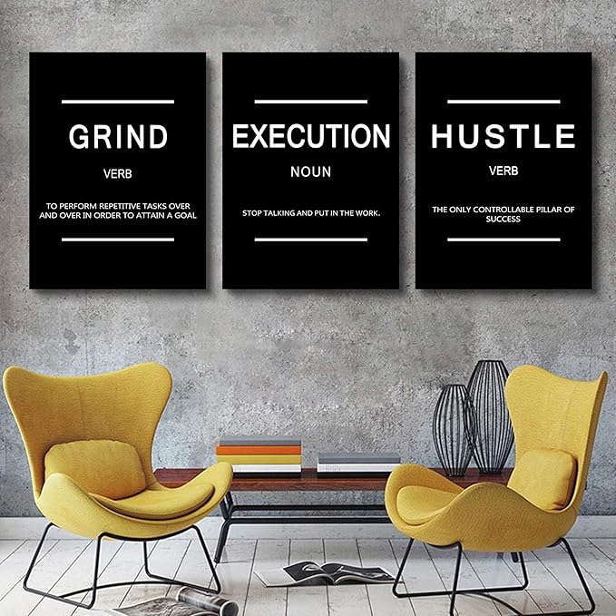 Framed Canvas Wall Art Success Quote, Office Wall Art, Black Large Poster, Positive Motivational Set of 3 Prints, Execute Failure Definition, Inspirational Print (B-3pcs,24x36inchx3pcs)-StrideForce Fitness