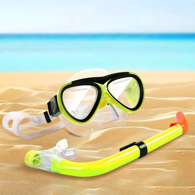 GreenLF Kids Snorkel Set, Anti-Fog Snorkeling Mask with Nose Covers for Youth Junior Child, Boys & Girls Age 5-12, Semi-Dry Diving Scuba Swimming Goggles Gear Packages-StrideForce Fitness