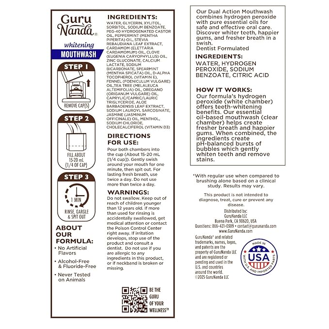 GuruNanda Teeth Whitening Dual Barrel Oxyburst Mouthwash - Alcohol & Fluoride Free, Hydrogen Peroxide to Promote Whiter Teeth - Wild Mint - 32 Fl Oz
