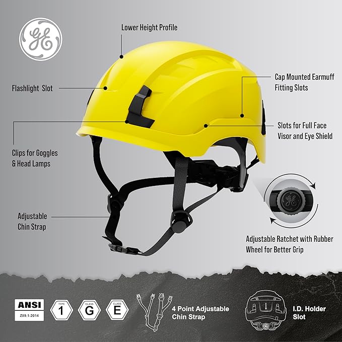 GE Safety Helmet, Impact Absorbing Tech, Adjustable Ratchet, ANSI Type 1, Memory Foam Padding, Hard Hats Protection, Lightweight, Durable, Chin Strap, Comfortable Fit OSHA Approved-StrideForce Fitness