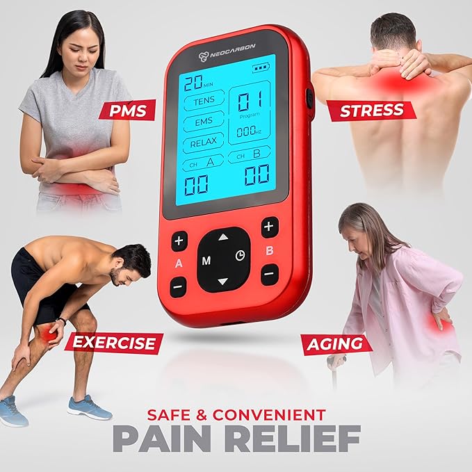 TENS Unit Muscle Stimulator Pro for Back Pain Relief, Shoulder Recovery and Physical Therapy, Electronic EMS Massager Machine with PMS Pulse for Effective Shock Therapy, Red-StrideForce Fitness