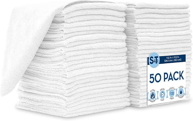 S&T INC. 50 Pack Microfiber Cleaning Cloth, Bulk Towels for Home, Reusable Microfiber Towels for Cars, Cleaning Rags, White, 11.5 Inches x 11.5 Inches, 50 Count-StrideForce Fitness