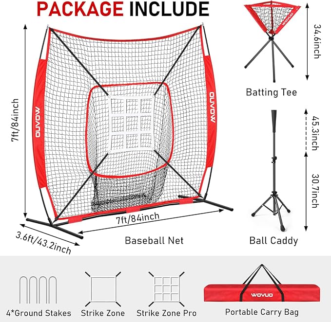 7x7 ft Baseball Net for Batting Pitching Hitting, Softball Pitching Net with Strike Zone, Tee, Ball Caddy, Softball Batting Net Baseball Training Equipment for Kids Adult Youth Sport Practice-StrideForce Fitness