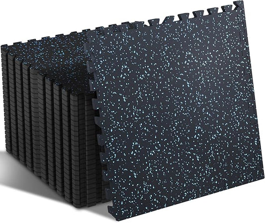 SUPERJARE 0.4'' Thick 24 Pcs 96 Sq Ft Rubber Top Exercise Equipment Mats, High Density EVA Foam Mats with Rubber Top, Interlocking Gym Flooring for Home Gym, Protective Workout Mat, Black/Blue-StrideForce Fitness