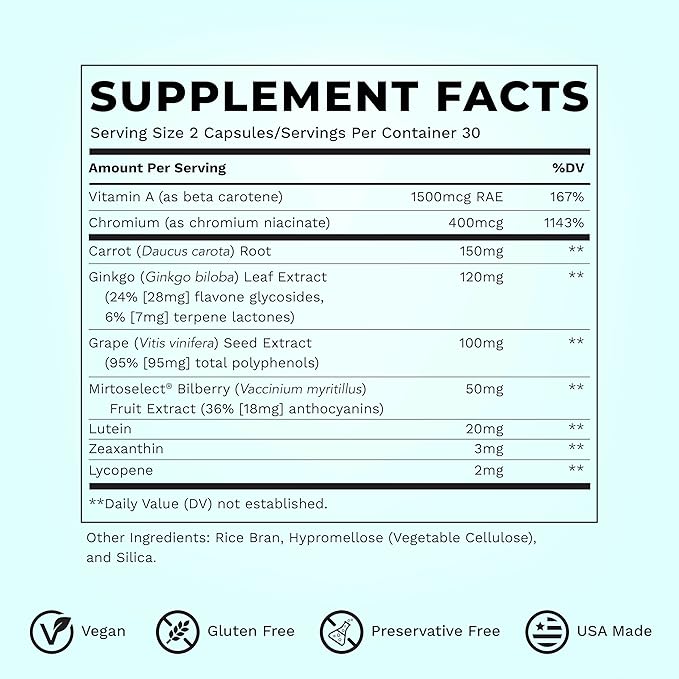 Visibili-T - Vitamin Supplement for Eye Health & Vision Support - Carrot Root, Chromium, Bilberry, Ginkgo Biloba, Grape Seed Extract, Lycopene, Vitamin A, Lutein & Zeaxanthin - 60 Capsules-StrideForce Fitness