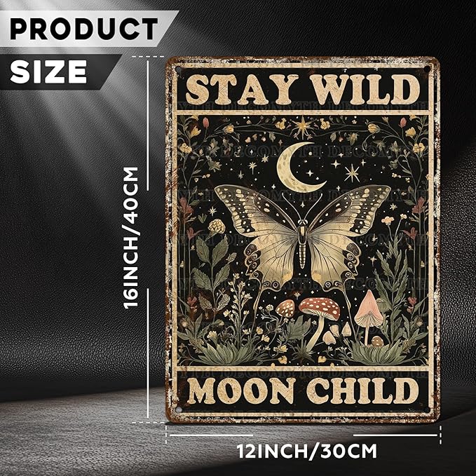 Vintage Tin Sign Butterfly Stay Wild Moon Tin Sign Retro Wall Decor for Home Office Room Wall Decor Poster 12 * 16inch-StrideForce Fitness